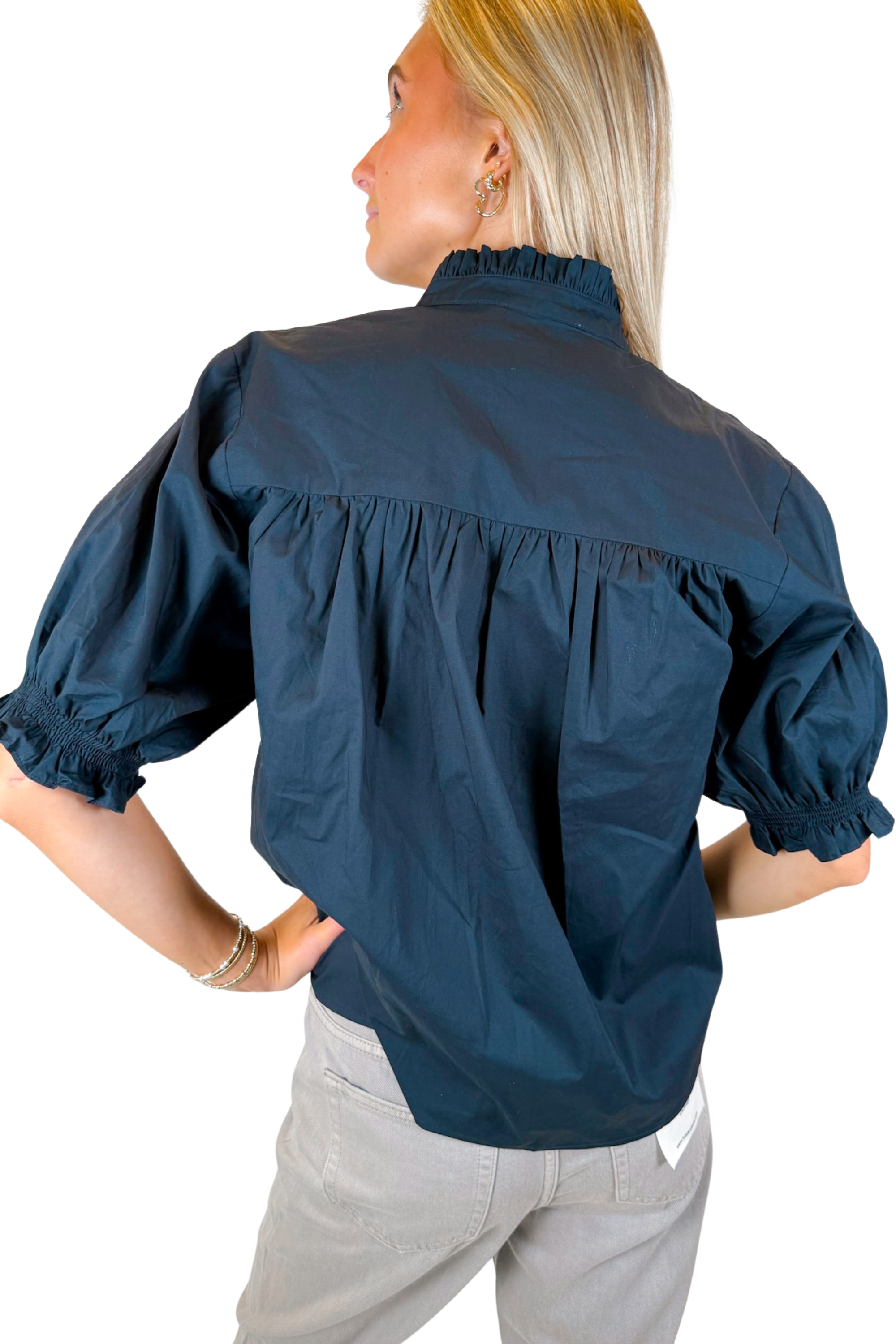 Nancy Vneck Puff Sleeve Top - Denim Black