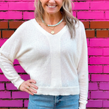 Lia Linen V Neck Dolman Sweater - French Vanilla