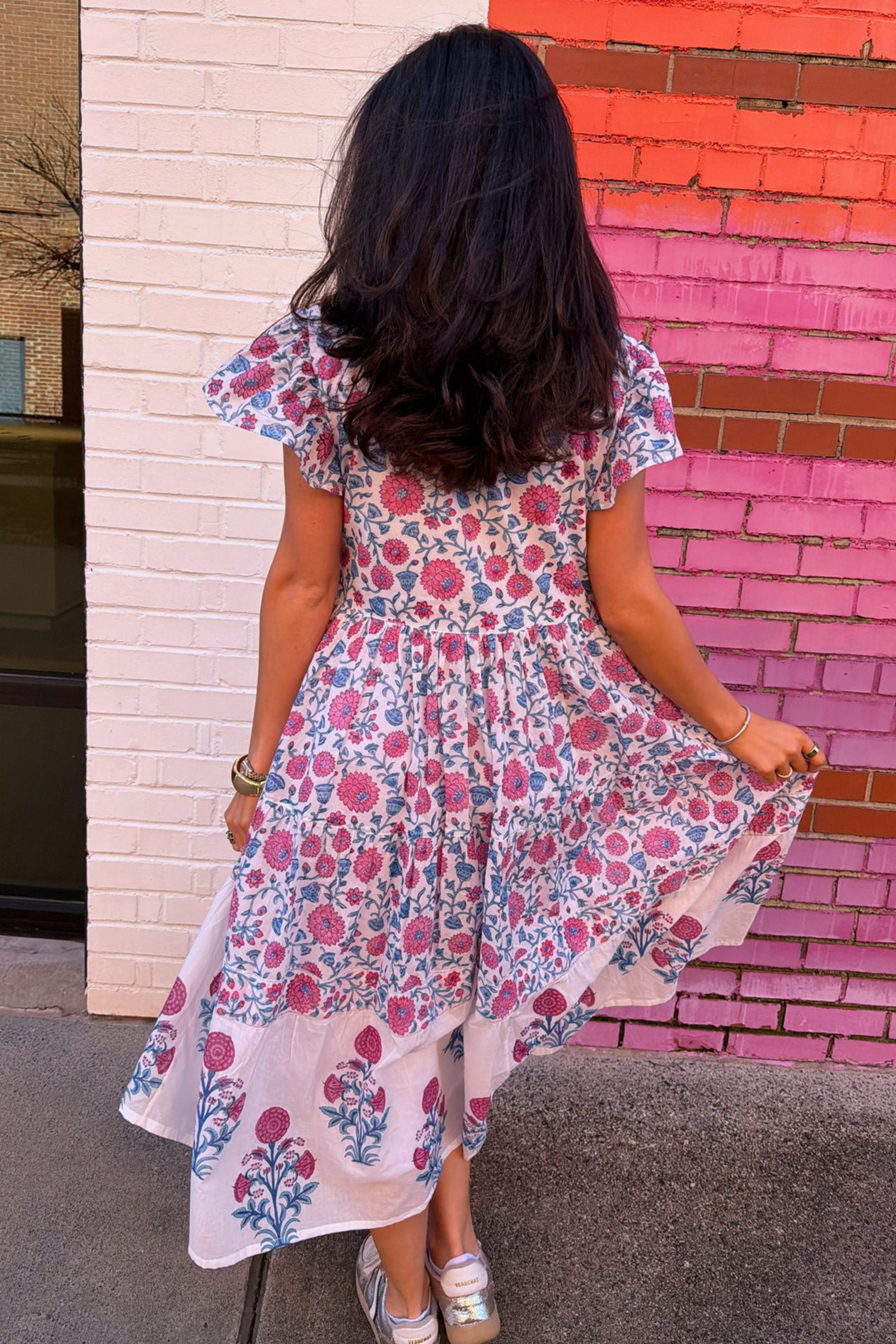 Lou Short Sleeve Flutter Midi Dress - Poppy Mix Hot Pink