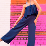 Ami Satin Strapless Jumpsuit - Navy
