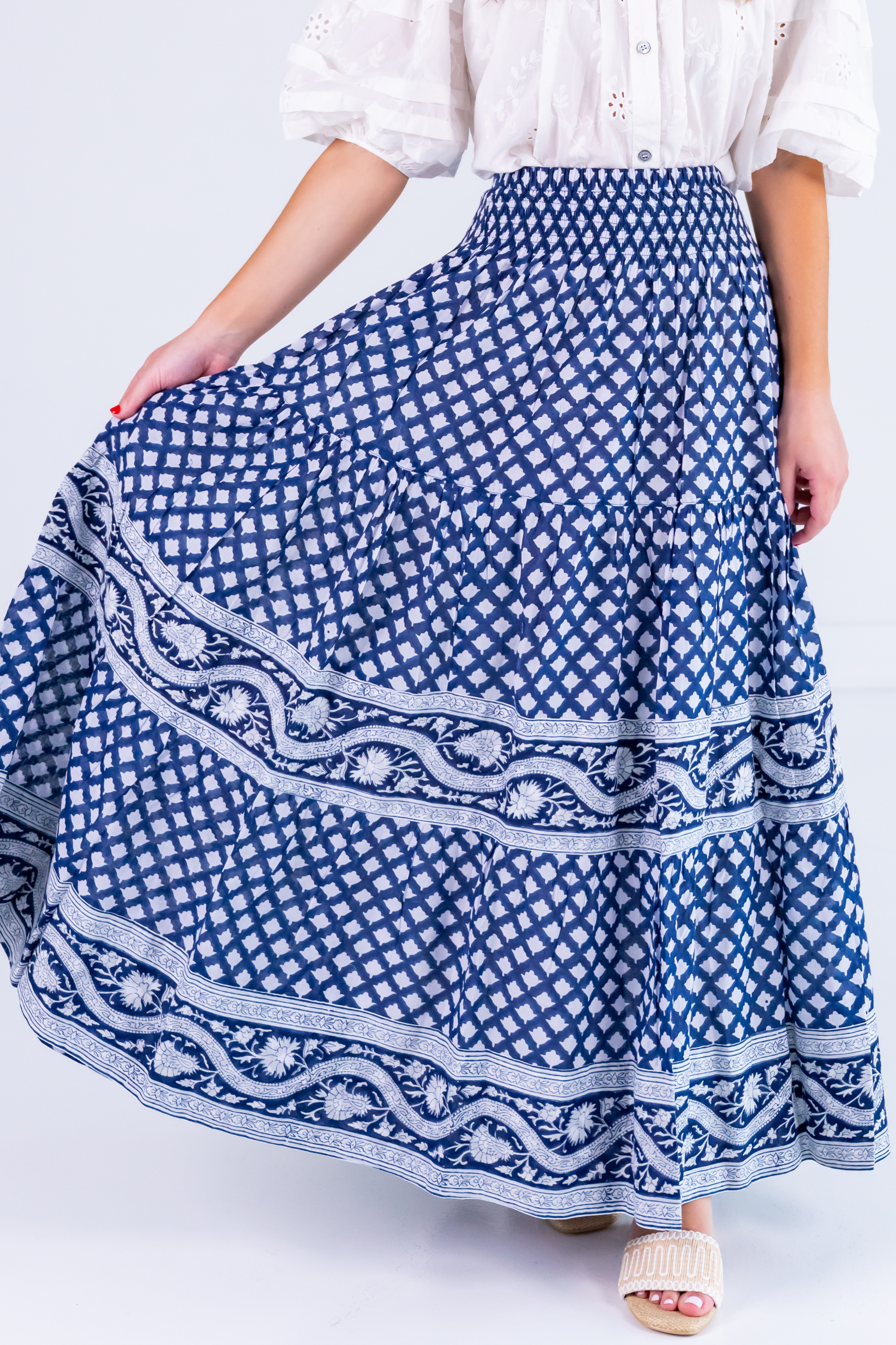 Lucy Smocked Midi Skirt - Mini Lotus Navy