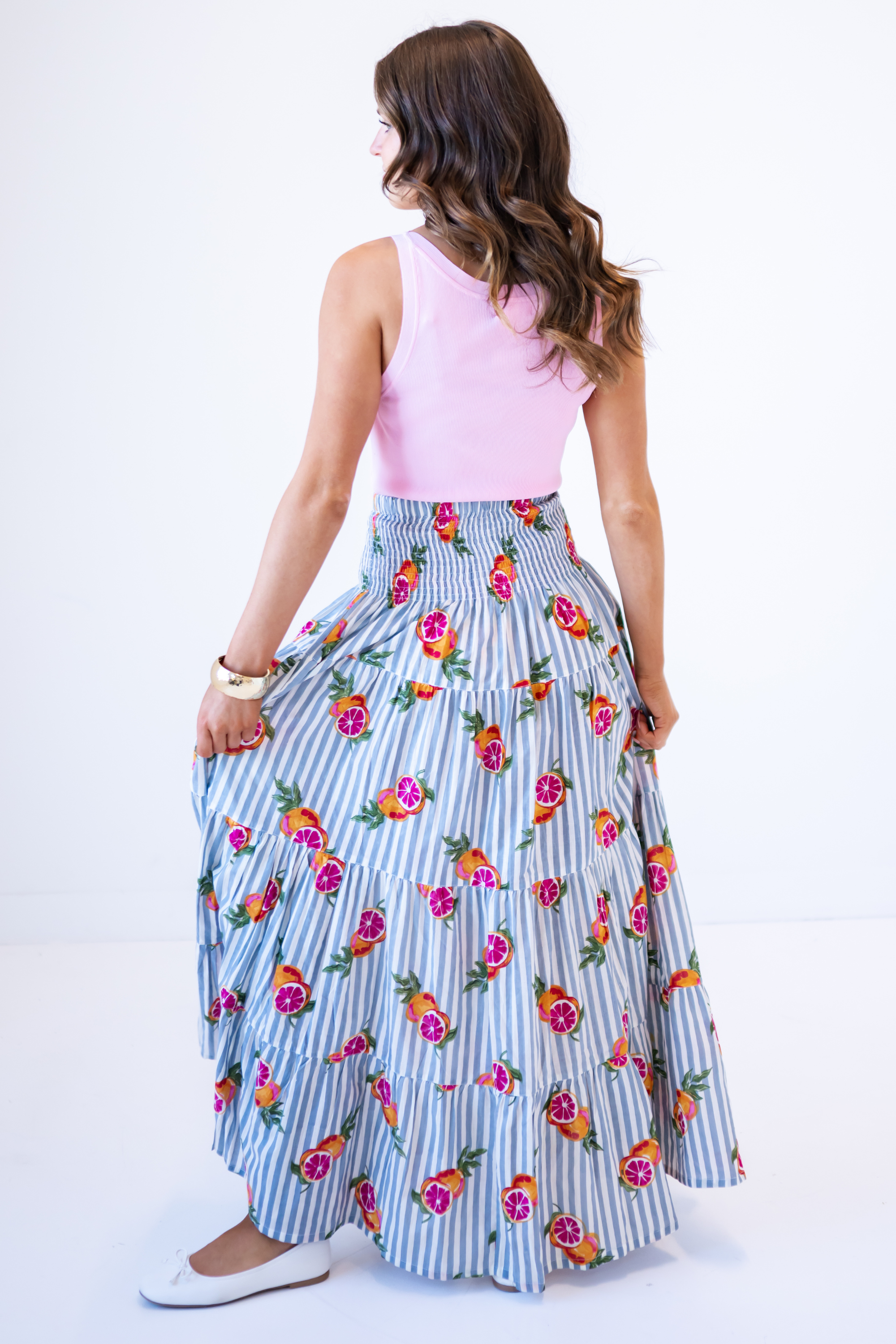 Britt Smocked Maxi Skirt - Grapefruit Stripe Blue