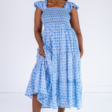 Chloe Scalloped Maxi Dress - Bulb Trellis Bright Blue