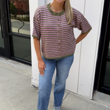 Stevie Stripe Short Sleeve Cardigan - Moss/Orchid