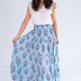 Lucy Smocked Maxi Skirt - Mini Stripe Floral Light Blue