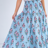 Lucy Smocked Maxi Skirt - Mini Stripe Floral Light Blue