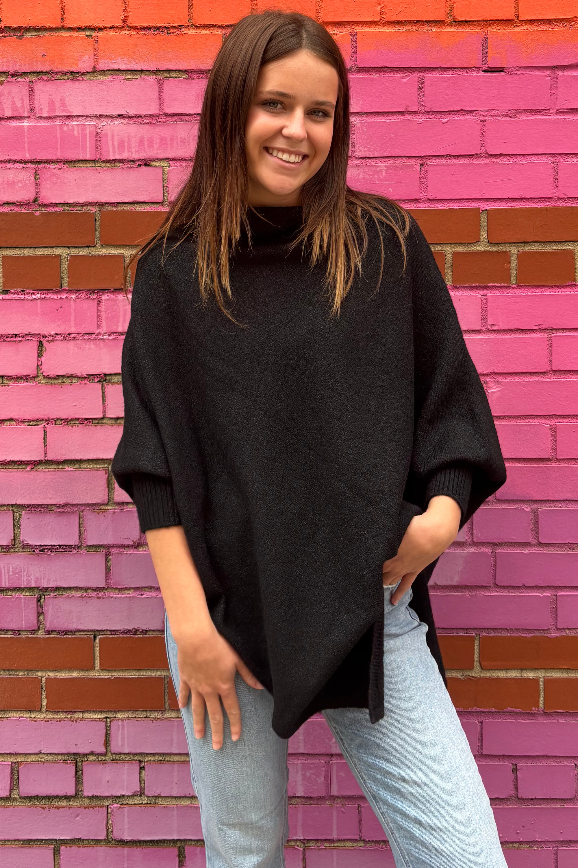 Shimmer Asymmetric Knit Poncho - Black