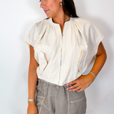 Bri Shirring Sleeveless Short Sleeve Jacket - Cream