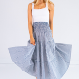 Britt Smocked Midi Skirt - Mini Stripe Navy