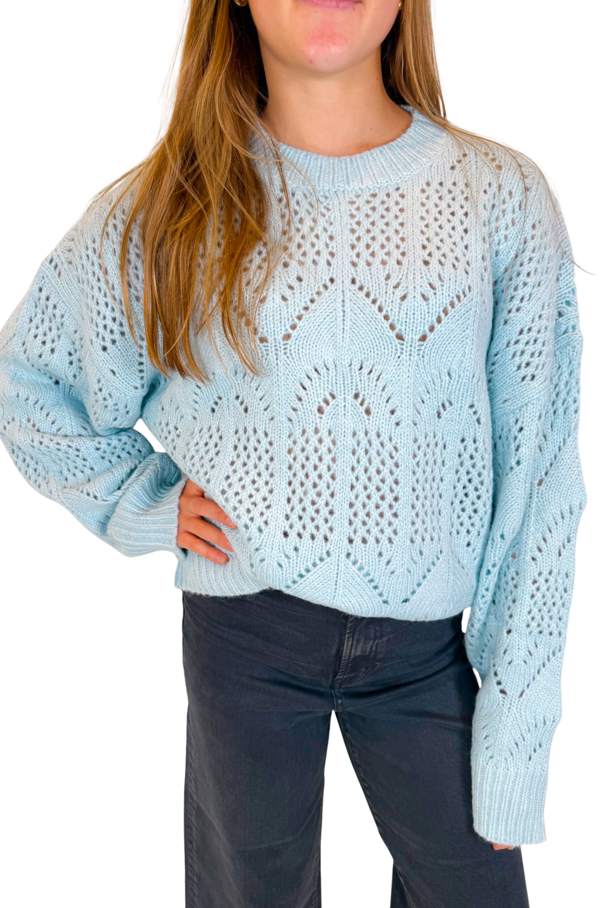 Carolina Eyelet Knit Sweater - Light Blue