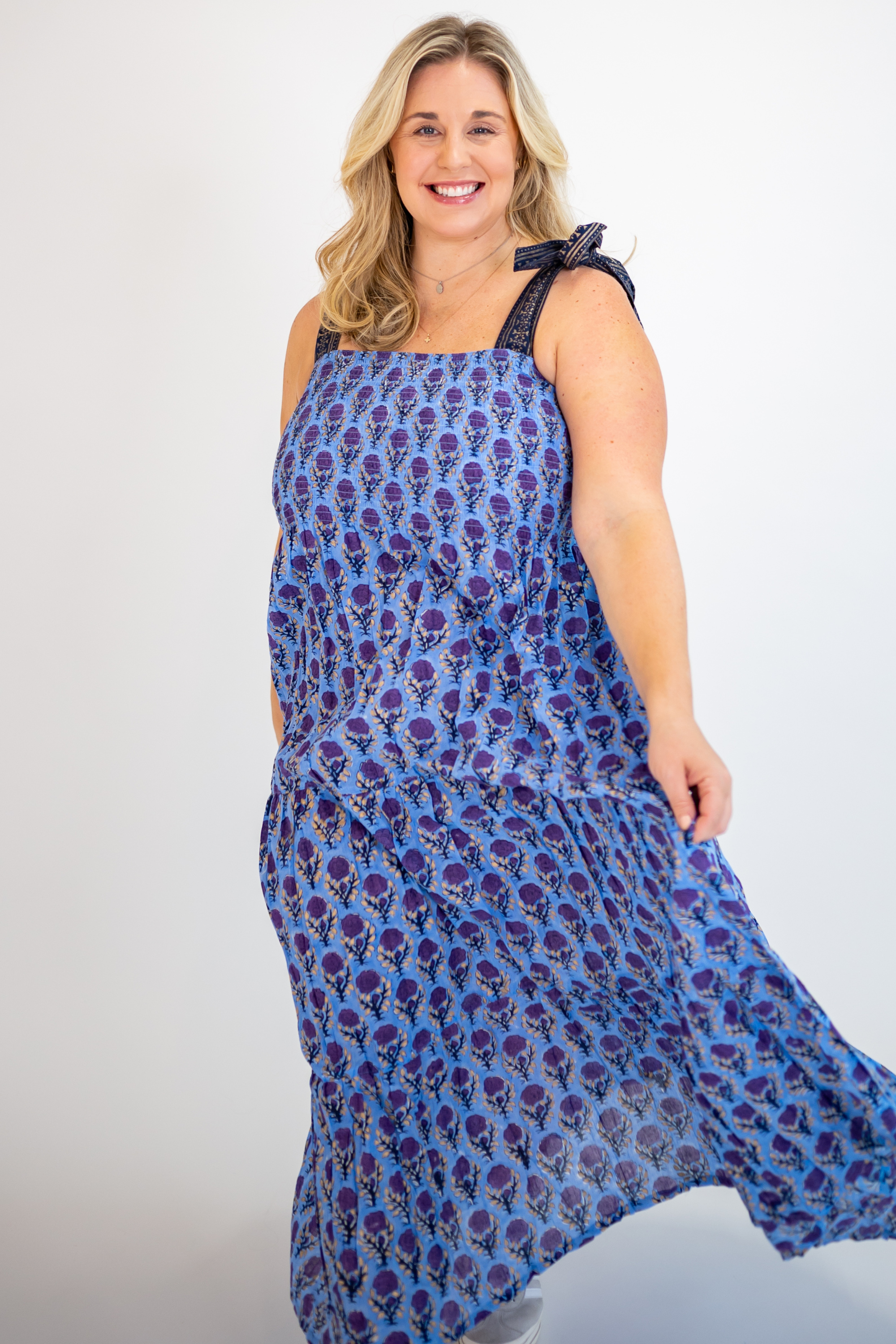 Joy Bow Blockprint Maxi Dress - Peri Purple Rose