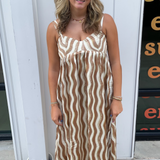 Wavy Striped Satin Midi Dress - Peanut Butter/Cream