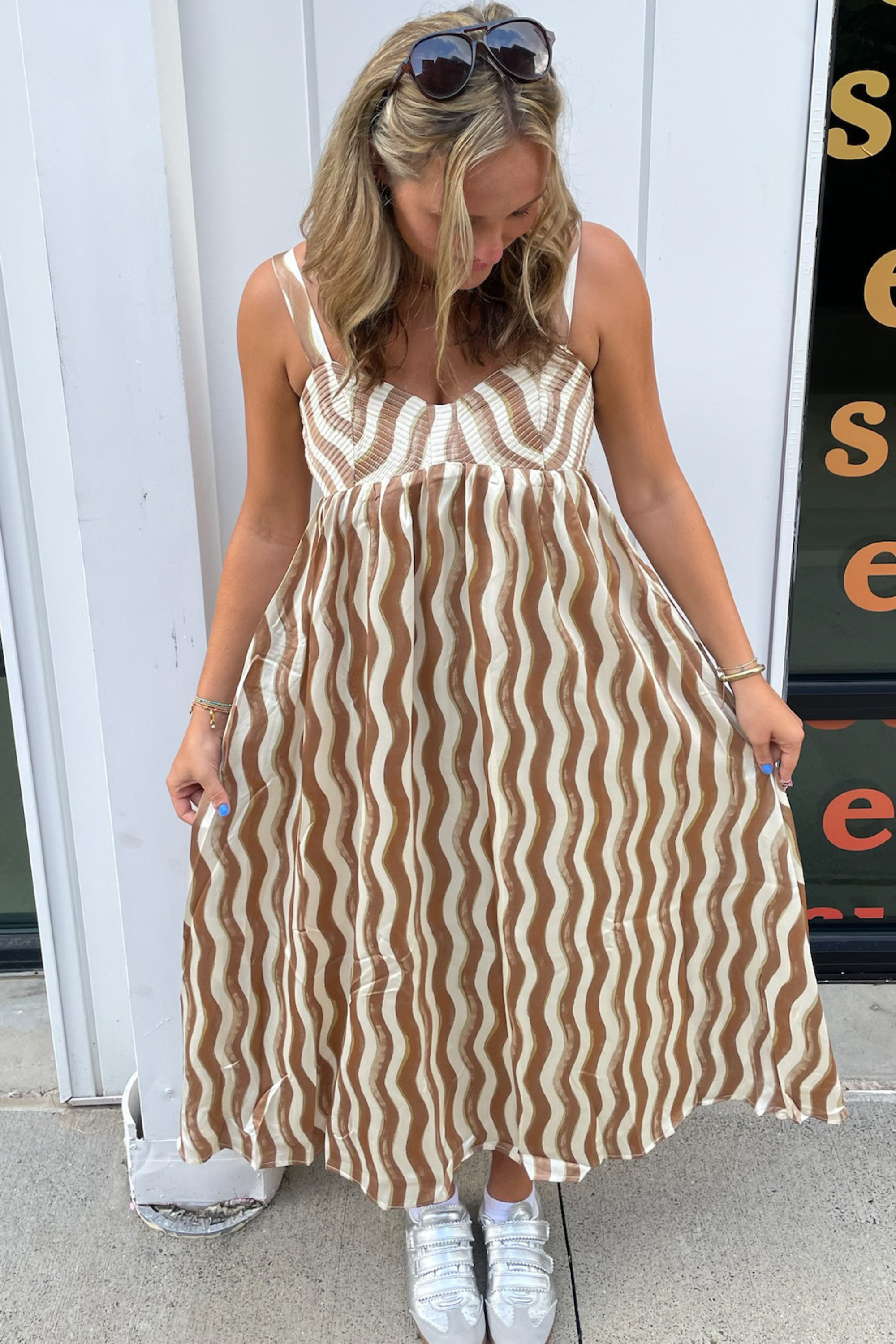 Wavy Striped Satin Midi Dress - Peanut Butter/Cream