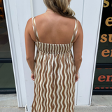 Wavy Striped Satin Midi Dress - Peanut Butter/Cream