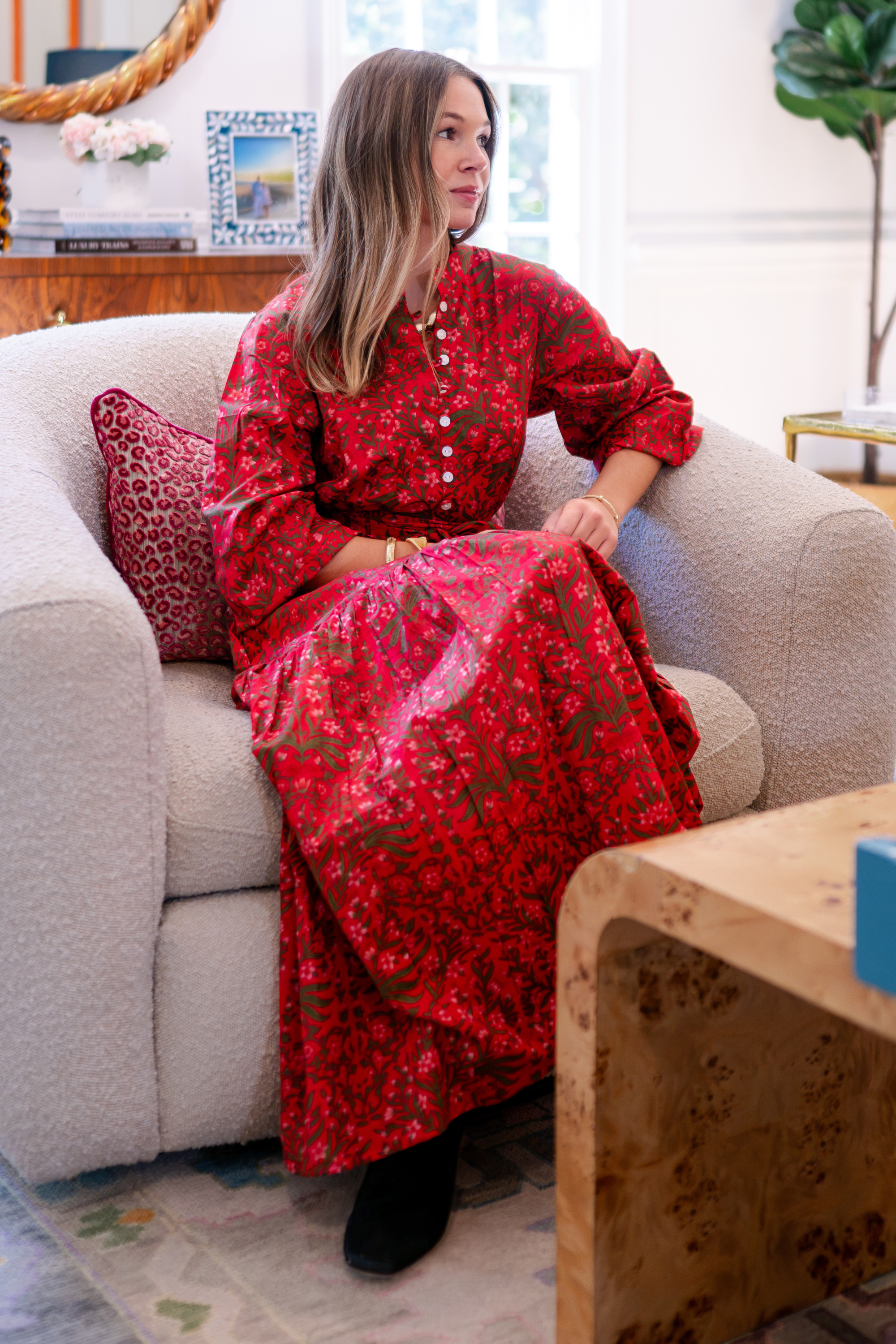 Heidi Long Sleeve Belted Maxi Dress - Blossom Cranberry Pink