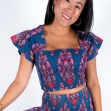 Tina Smocked Crop Top - Navy Magenta Big Floral