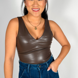 Marin Faux Leather Bodysuit - Brown