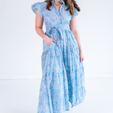 Louise Flutter Sleeve Blockprint Maxi Dress - Shells Carolina Bright Blue