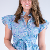 Louise Flutter Sleeve Blockprint Maxi Dress - Shells Carolina Bright Blue