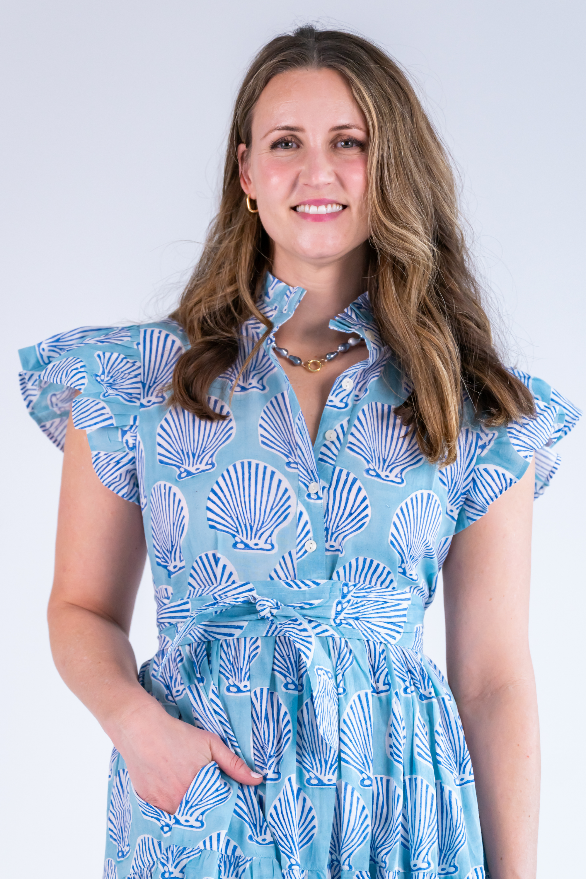 Louise Flutter Sleeve Blockprint Maxi Dress - Shells Carolina Bright Blue