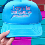 I Cry a Lot Trucker Hat - Pink on Cool Blue