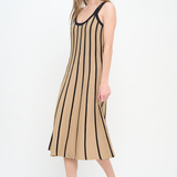 Rib Knit Striped Midi Dress - Tan