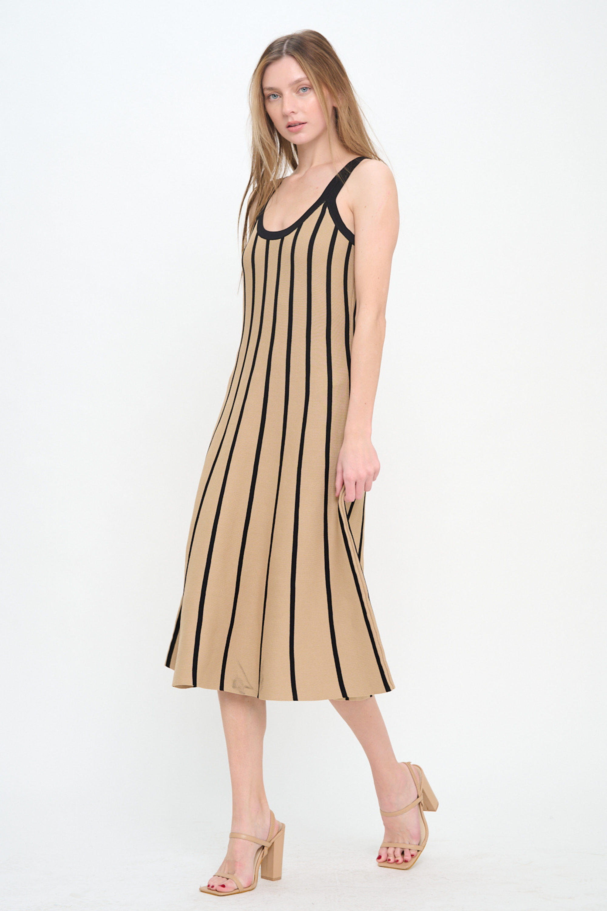 Rib Knit Striped Midi Dress - Tan