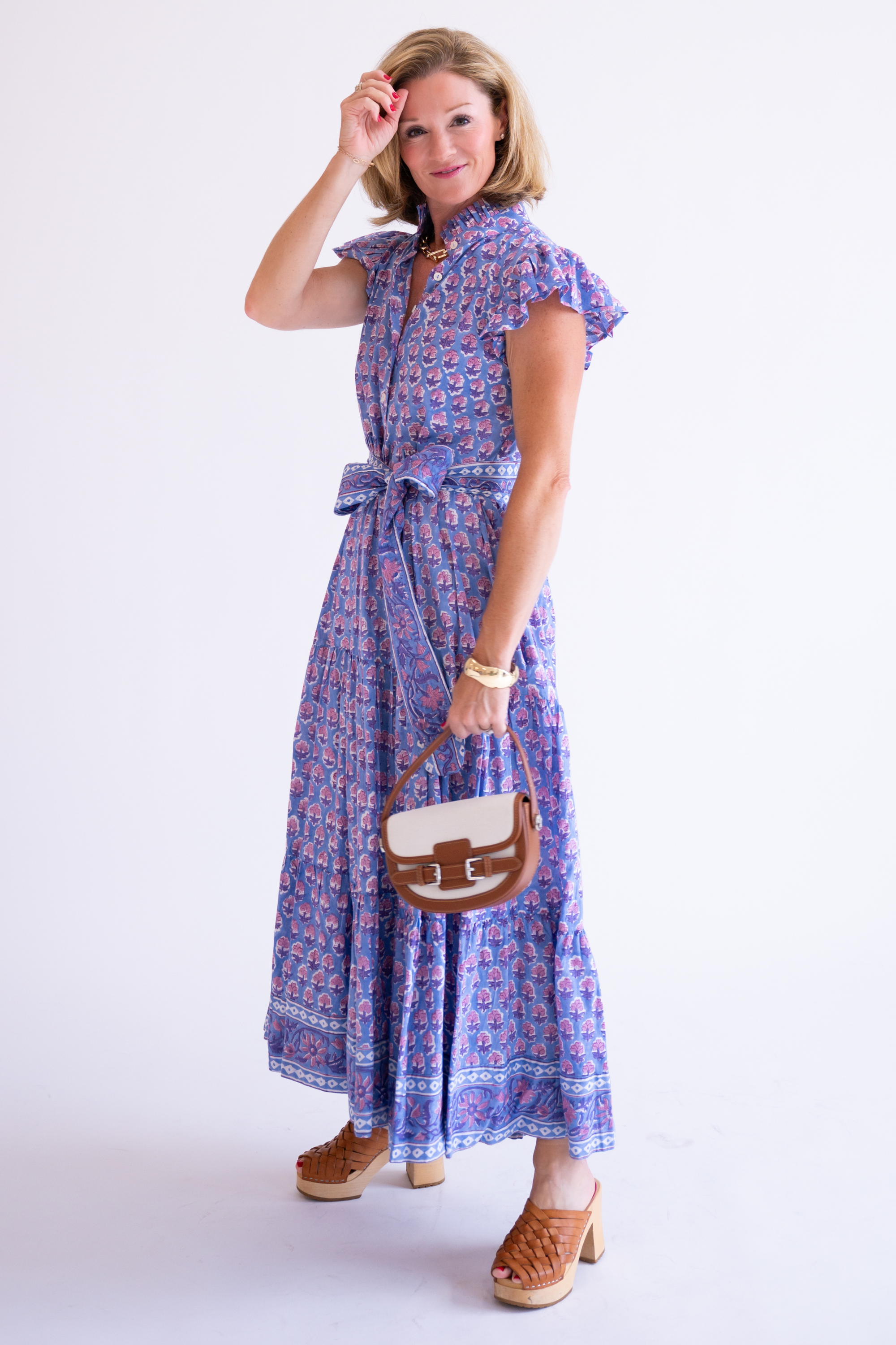 Louise Flutter Sleeve Blockprint Maxi Dress - Purple Mix