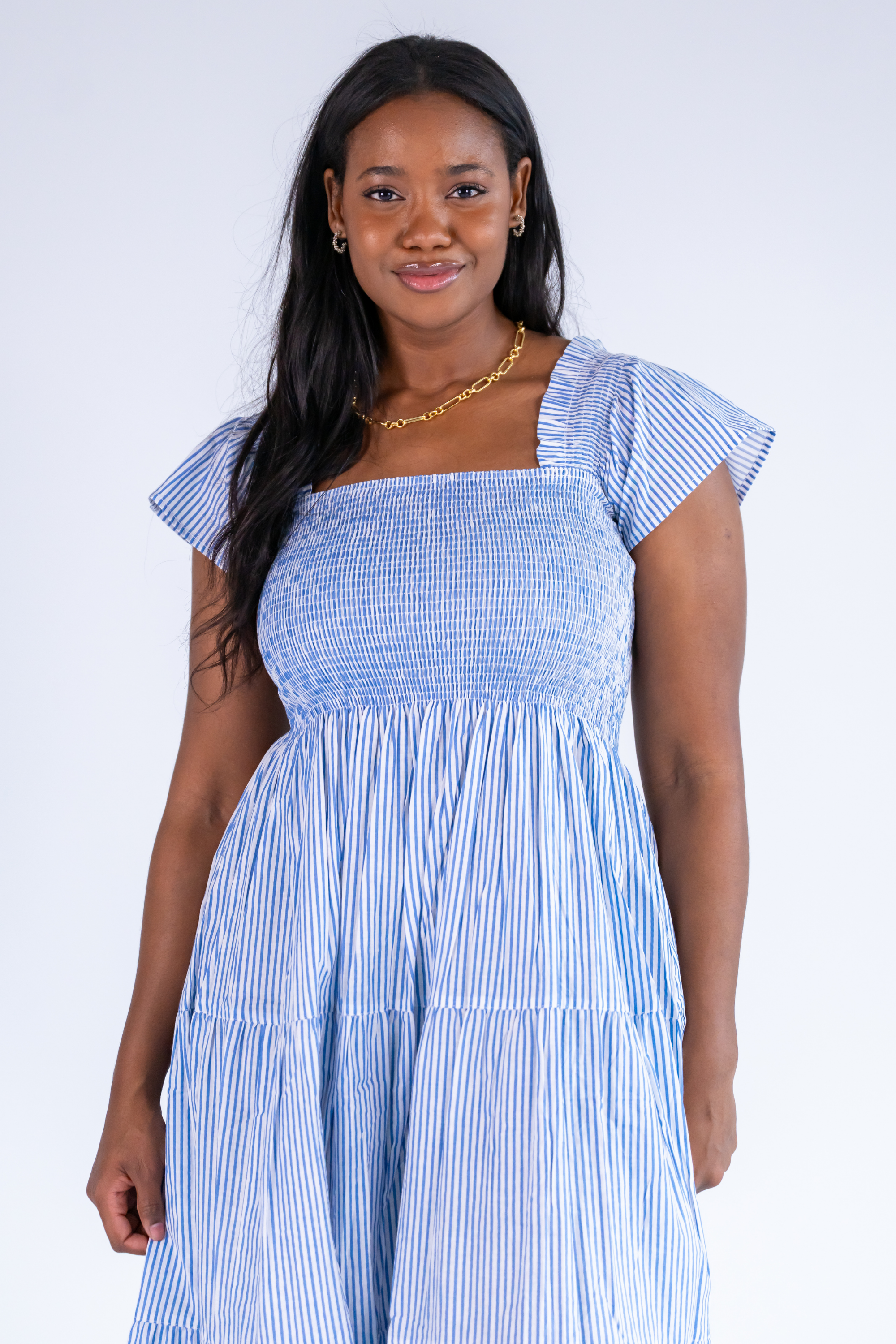 Lil Smocked Maxi Dress - Mini Stripe Cornflower