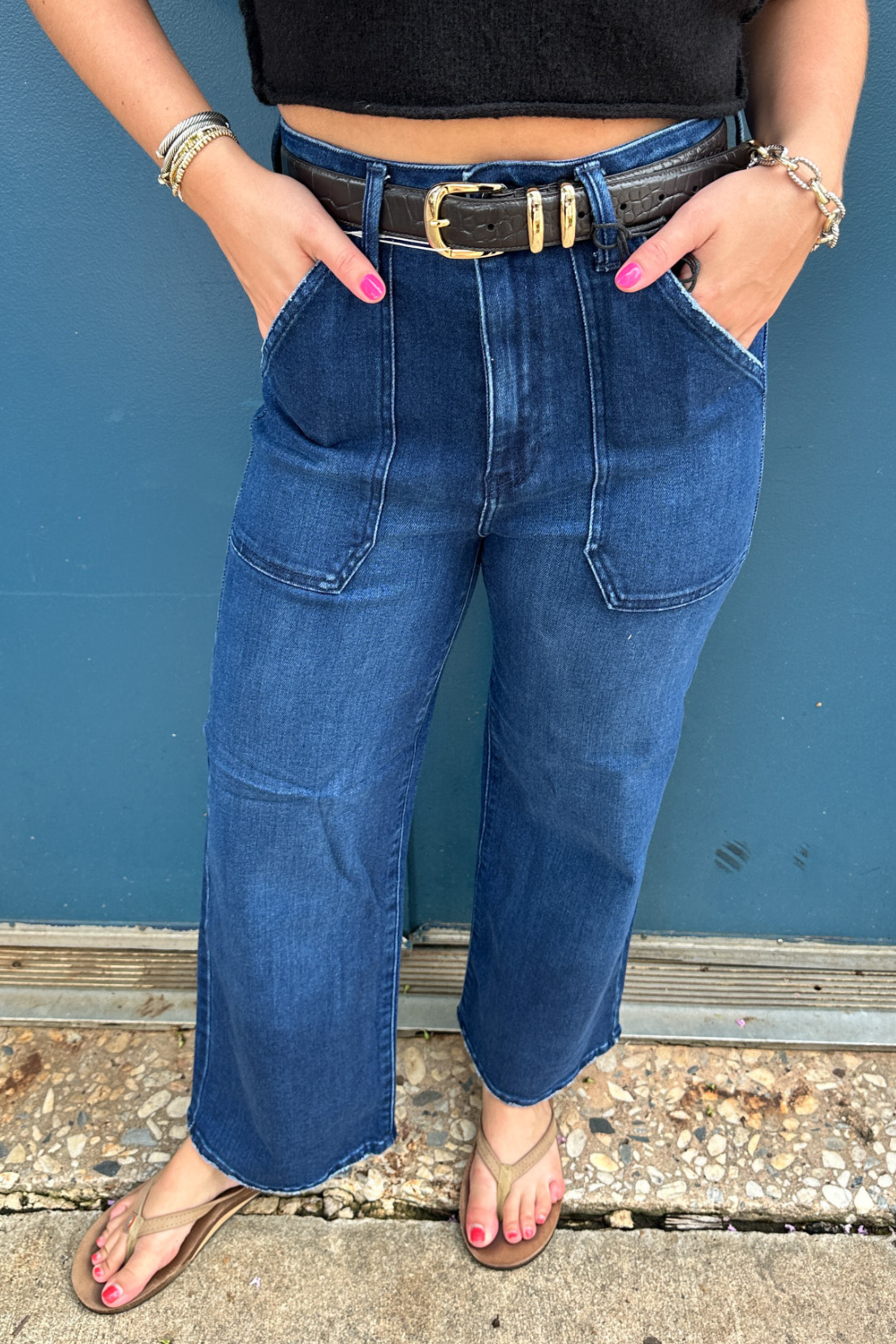 Cargo Pocket Wide Leg Jean - Dark Denim