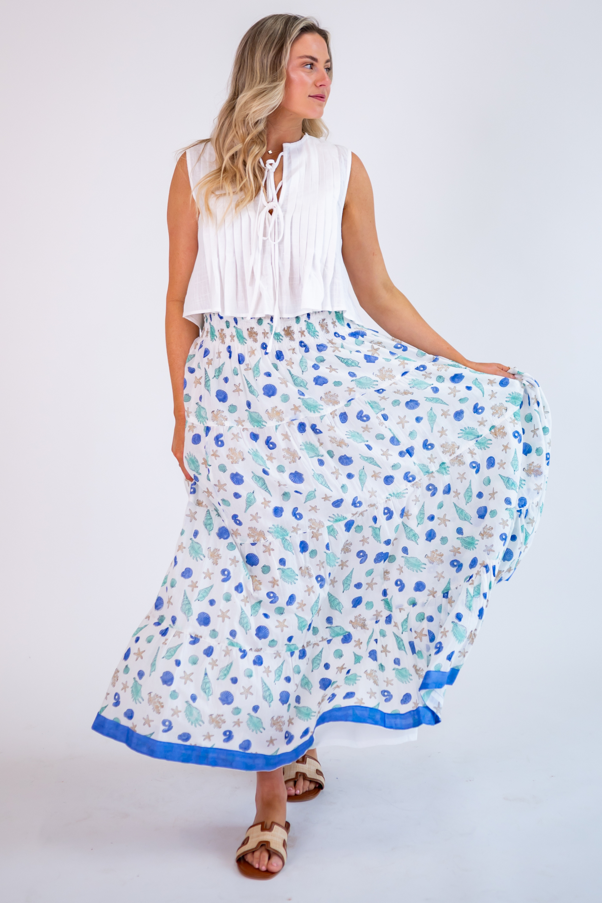 Lucy Smocked Maxi Skirt - Seashells Cornflower