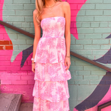 Strapless Gauze Tier Maxi Dress - Pink Palm