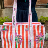 Emily Blockprint Zipper Tote - Fuchsia Palm Stripe