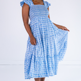 Chloe Scalloped Maxi Dress - Bulb Trellis Bright Blue