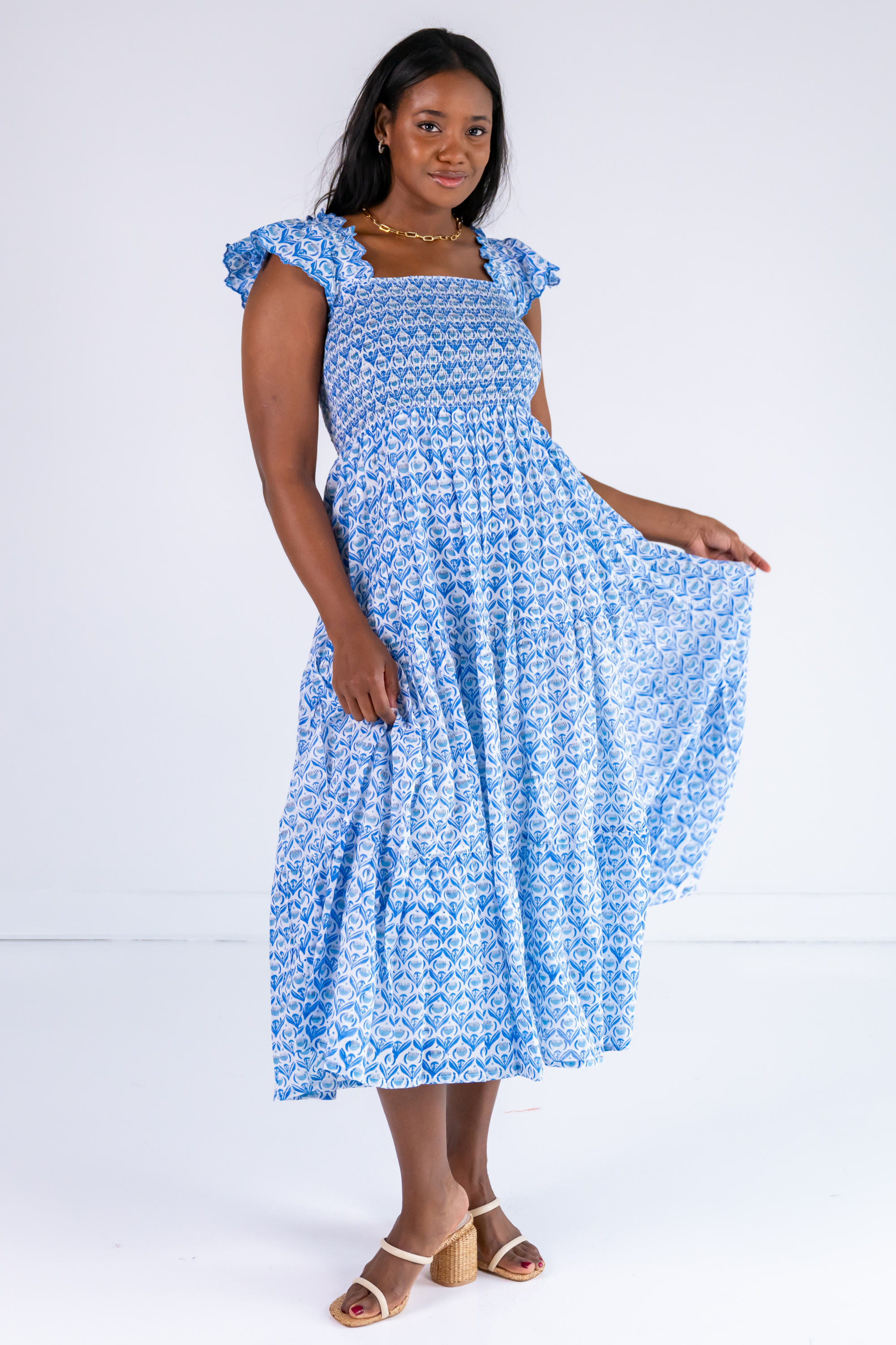 Chloe Scalloped Maxi Dress - Bulb Trellis Bright Blue