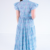 Louise Flutter Sleeve Blockprint Maxi Dress - Shells Carolina Bright Blue