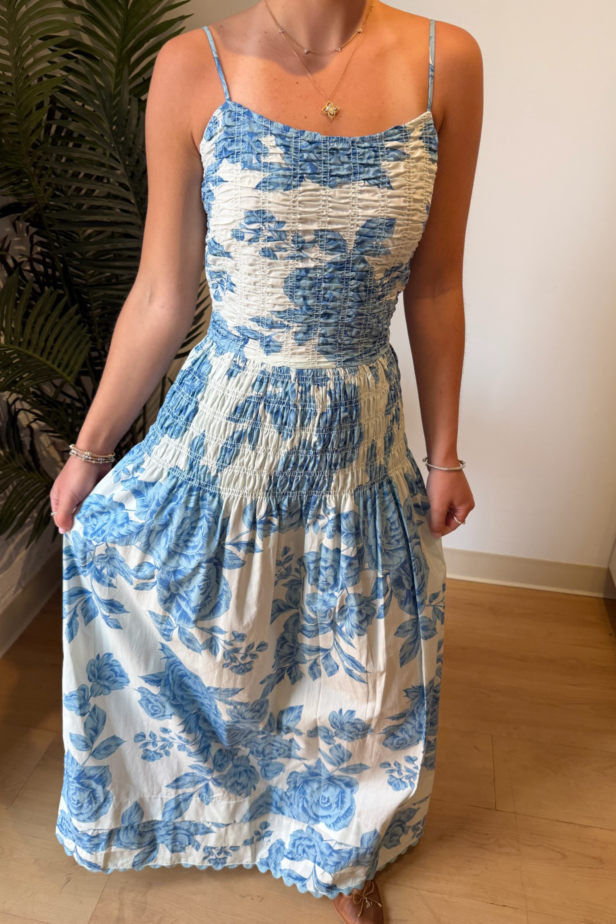 Anna Drop Waist Maxi Dress - White/Blue