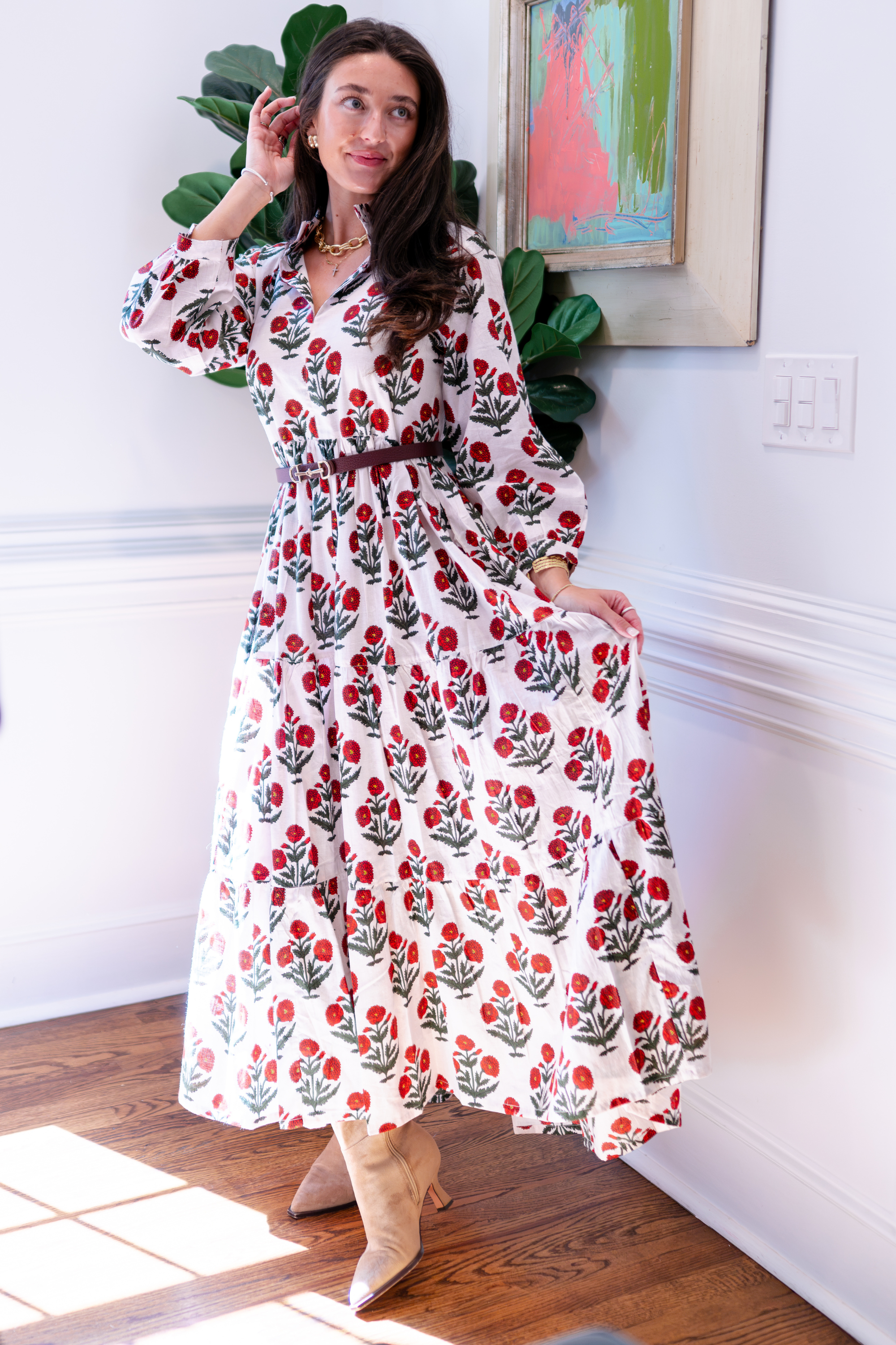 Esther Blockprint Long Sleeve Maxi - Giant Poppy Cranberry