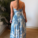 Anna Drop Waist Maxi Dress - White/Blue