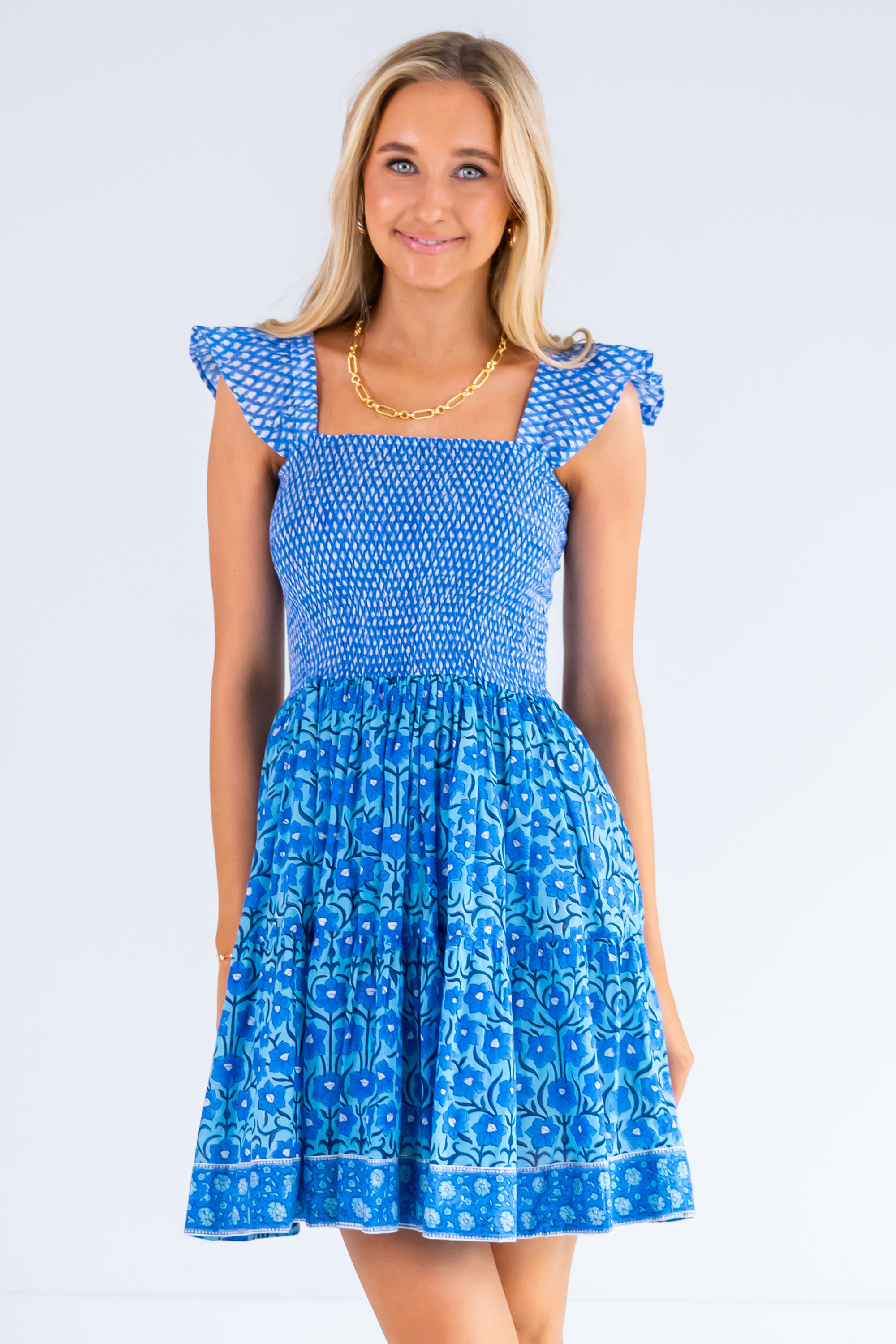 Charlie Mini Dress - Mini Hibiscus Bright Blue Lilbelle Charlotte Charlie Mini Dress - Mini Hibiscus Bright Blue Lilbelle Charlotte