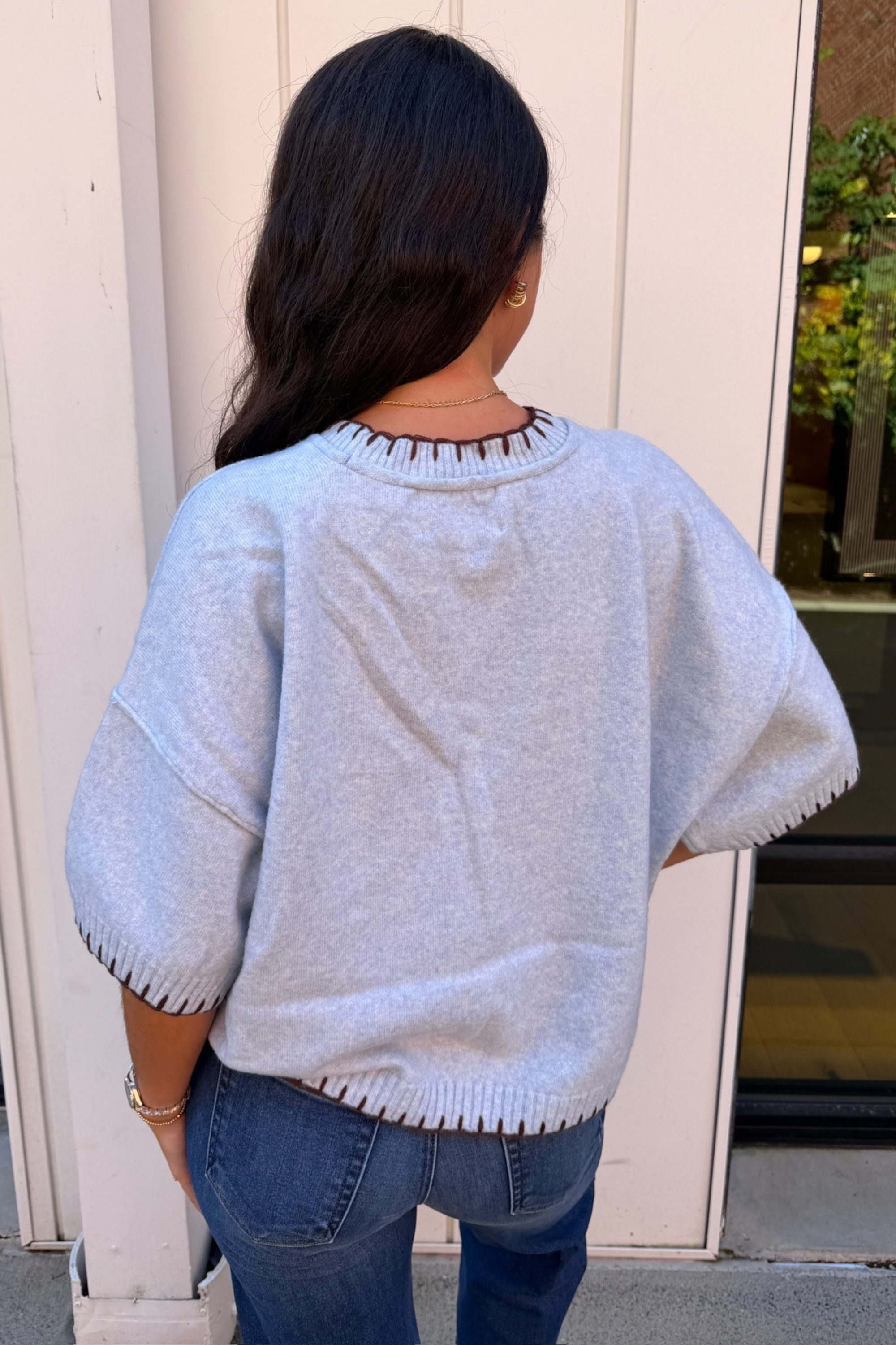 Linda Blanket Stitch Sweater - Cashmere Blue/Brown