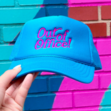 Out of Office Trucker Hat - Pink on Teal