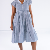 Lou Short Sleeve Flutter Midi Dress - Mini Stripe Navy