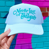 Never Lost a Tailgate Trucker Hat - Pink on Cool Blue