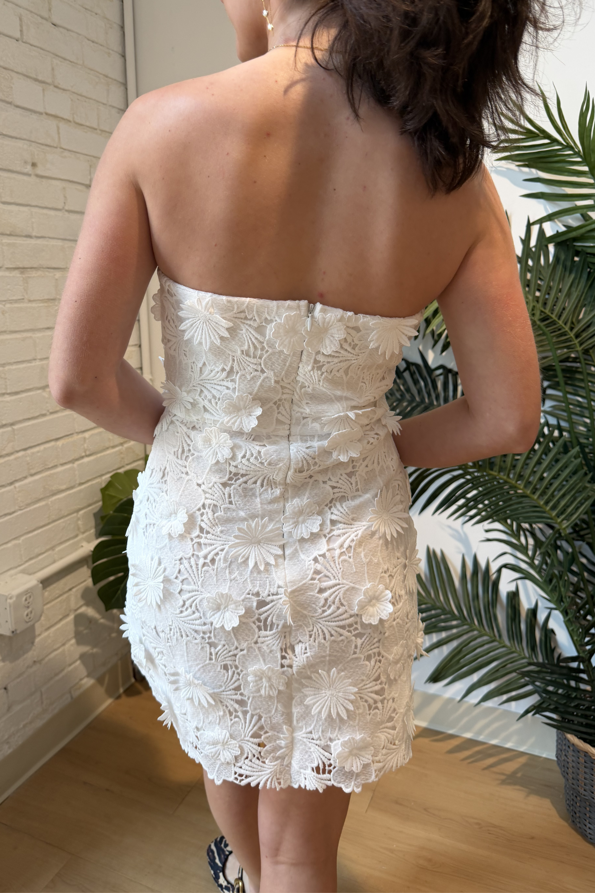 3D Floral Strapless Mini Dress - Off White