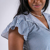 Lou Short Sleeve Flutter Midi Dress - Mini Stripe Navy