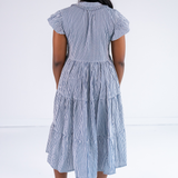 Lou Short Sleeve Flutter Midi Dress - Mini Stripe Navy