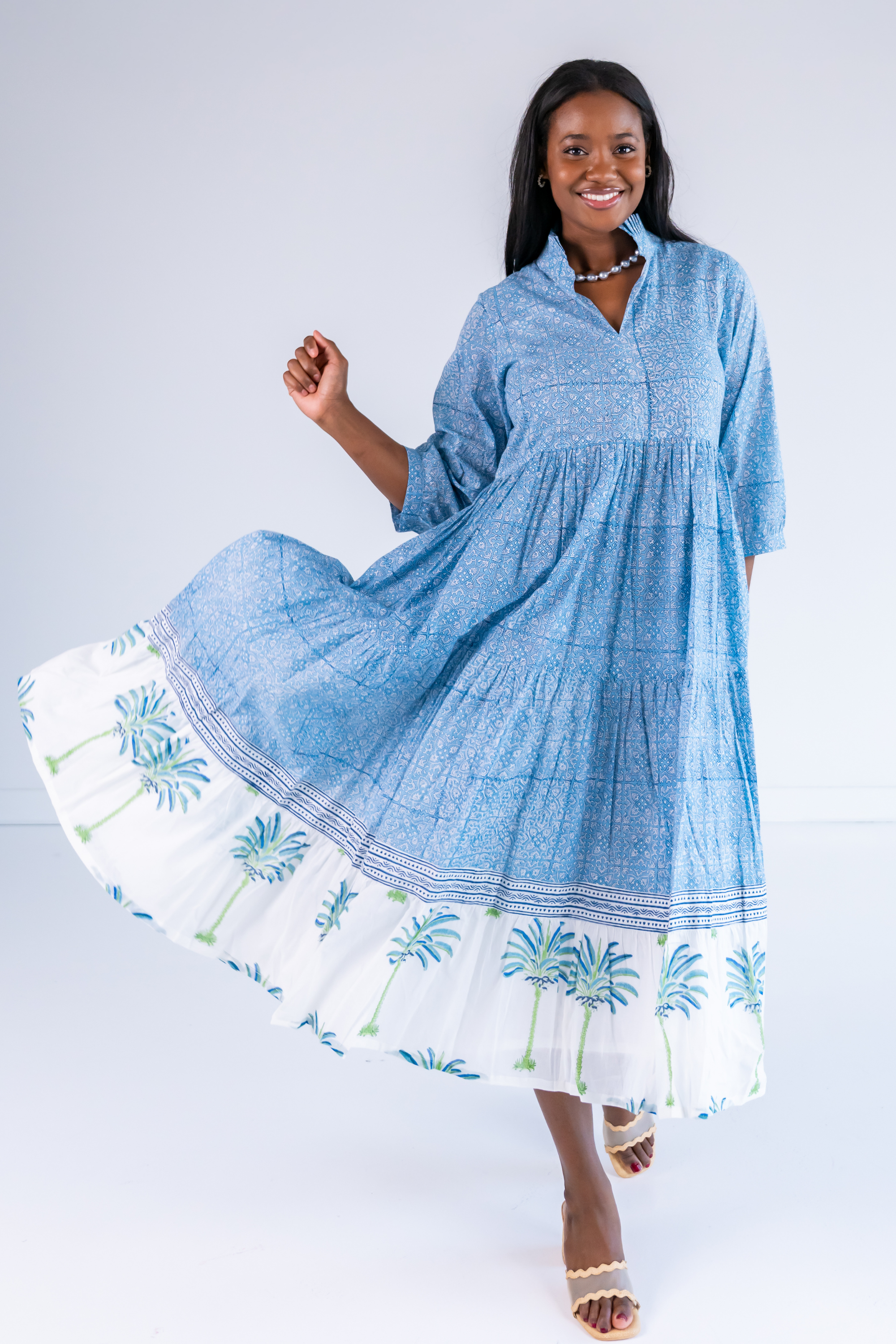 Esther 3/4 Sleeve Maxi Dress - Palm Tile Blue