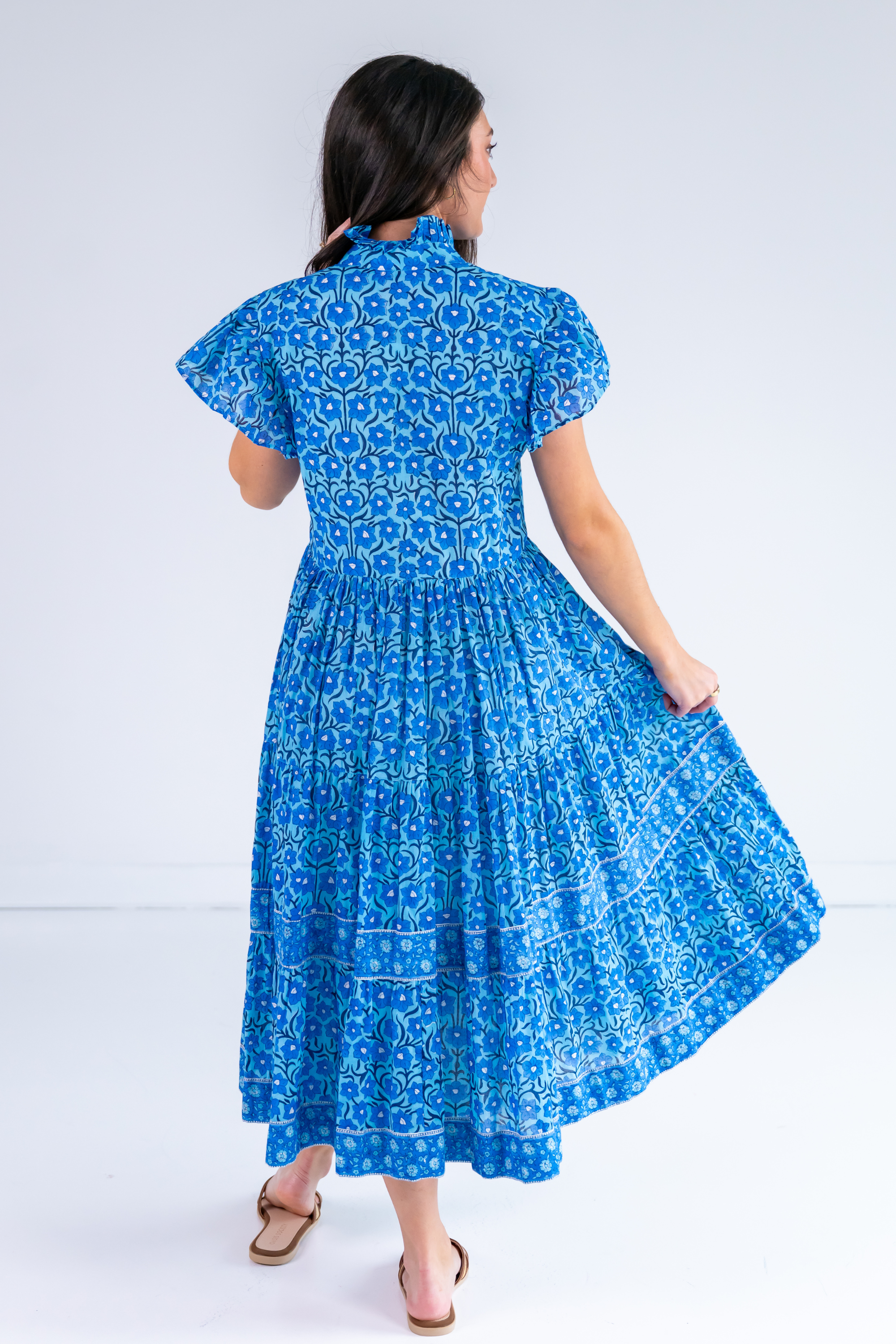 Lou Short Sleeve Flutter Midi Dress - Mini Hibiscus Bright Blue