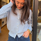 Abbie Crewneck Knit Striped Cardigan - Blue